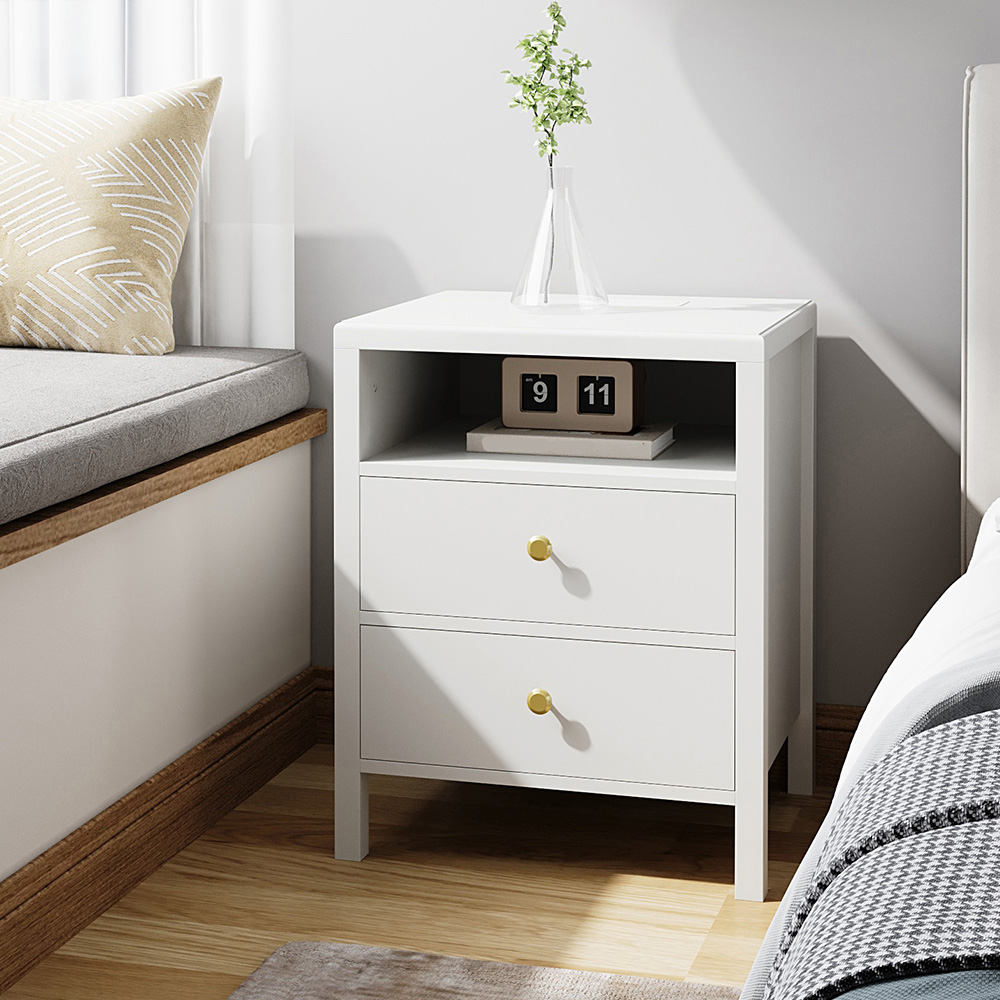 Living and Home 2 Drawer Single Shelf White Modern Bedside Table with Power Strip Set of 2 Image 7