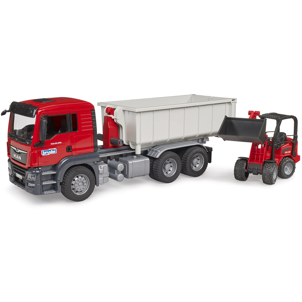 Bruder Kids MAN TGS Truck with Roll-Off-Container and Schäffer Compact Loader Playset Model Image 5