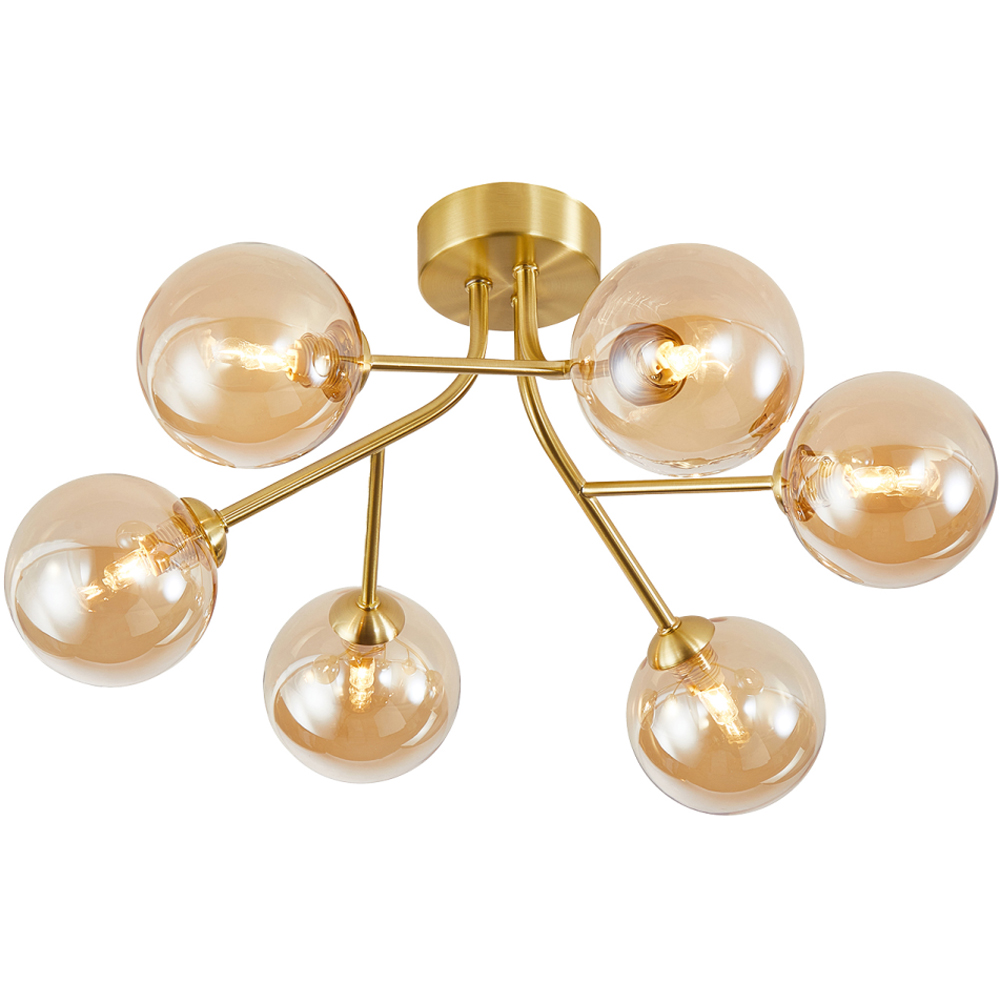 Happy Homewares 6 Arm Satin Gold Ceiling Light Fixture with Amber Tinted Glass Shade Image 4
