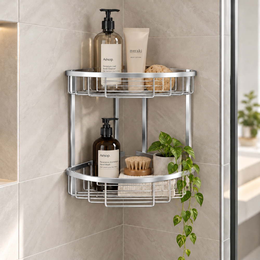 Go Bathrooms Chrome Double Wall Mounted Corner Shower Basket Image 2