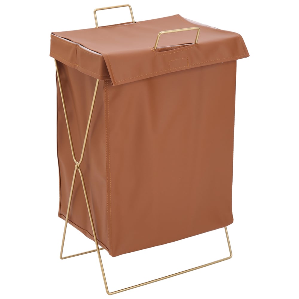 Living and Home Brown Metal Frame PU Leather Collapsible Laundry Basket with Lid Image 1