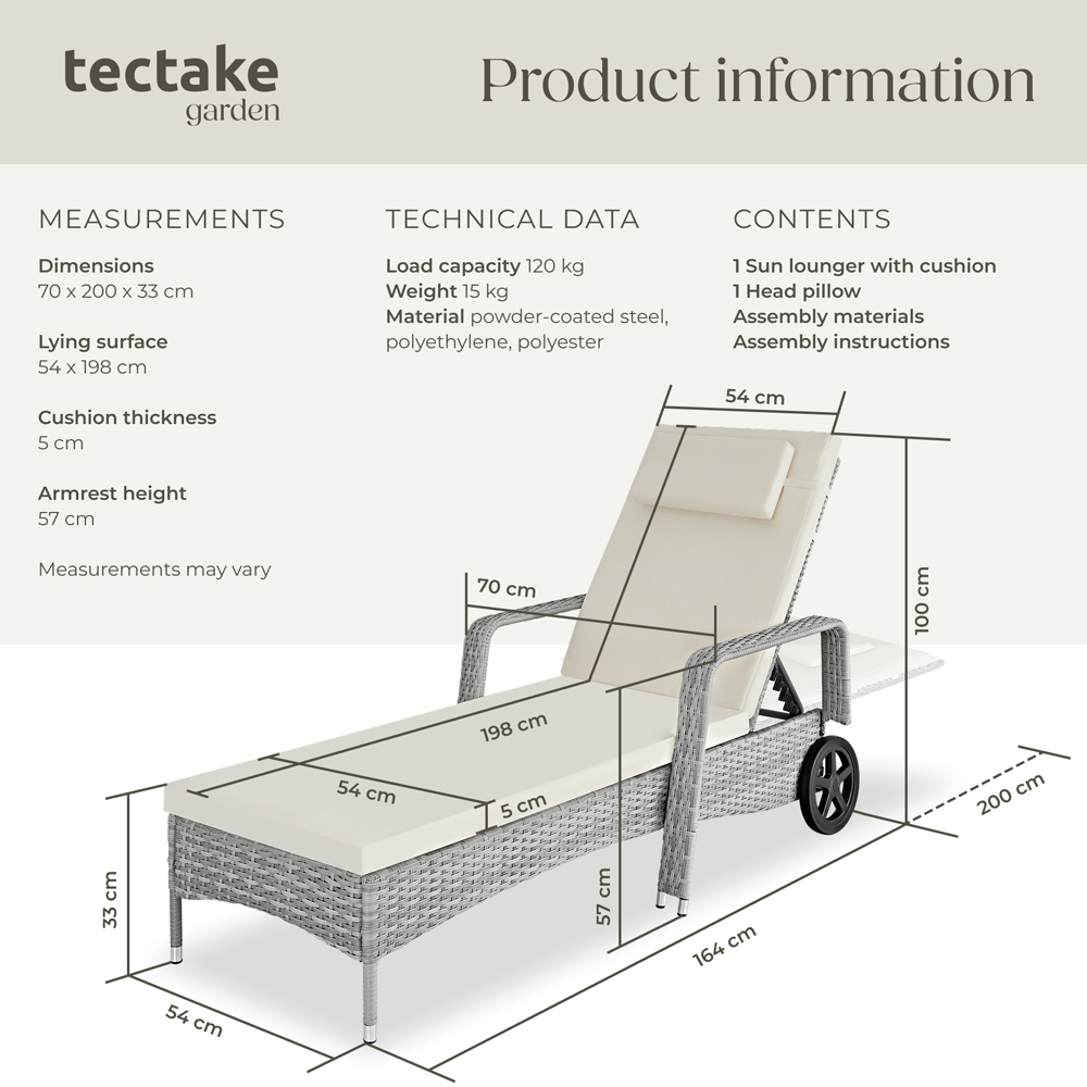 tectake Light Grey and Cream 6 Level Adjustable Sun Lounger with Soft Pillow and Wheels Image 8