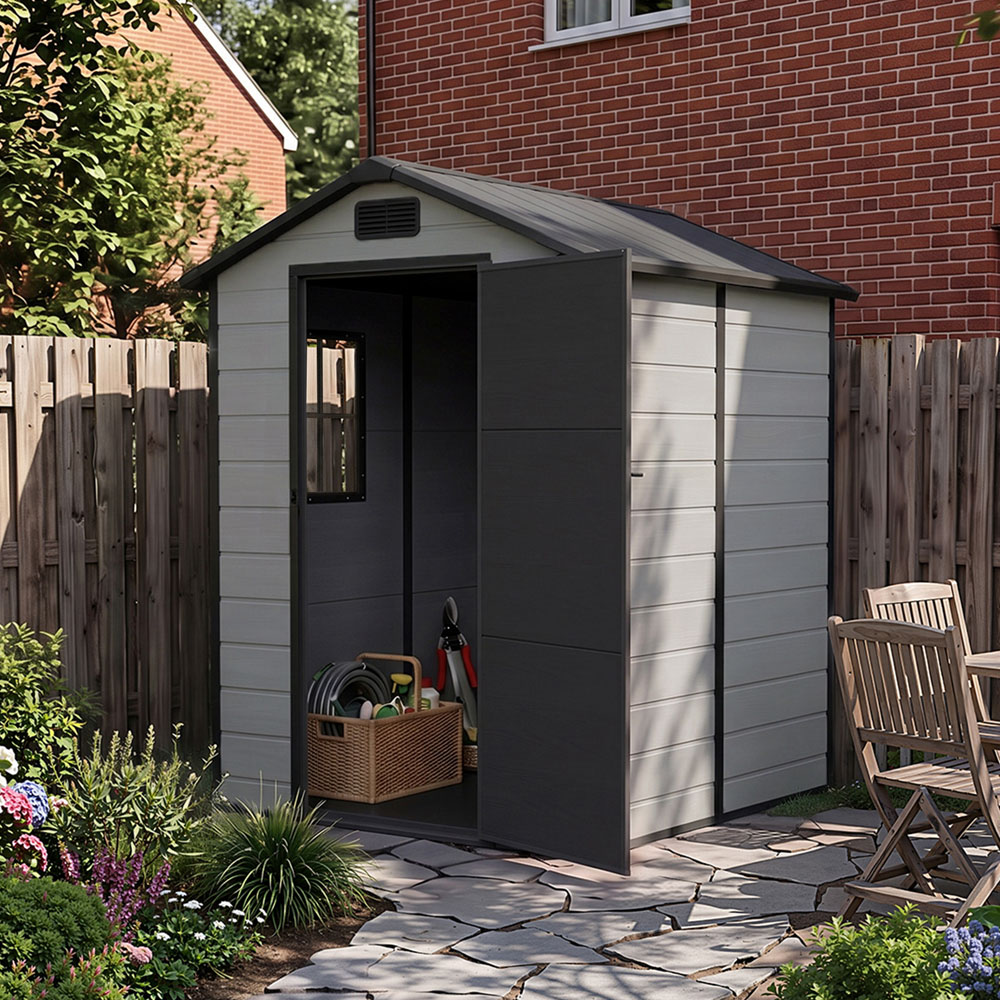 Living and Home 4 x 6ft Smokey Grey and Black Wood Grain Plastic Garden Storage Shed with Floor Image 7