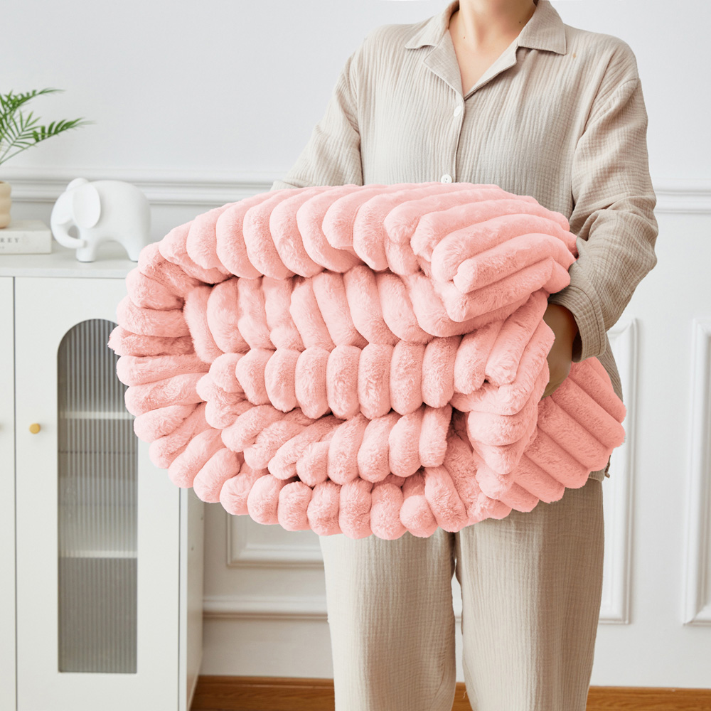 Groundlevel Extra Large Pink Stripe Super Soft Luxury Faux Fur Throw Image 3