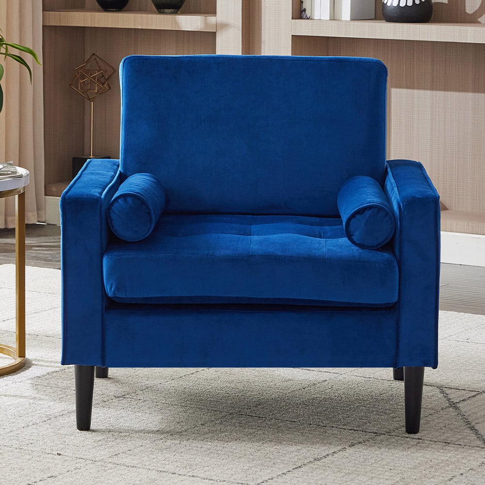 Living and Home Blue Linen Mid-Century Armchair with Armrest Pillows Image 8