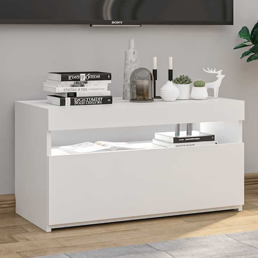 vidaXL Single Door Single Shelf White TV Cabinet with LED Lights Image 1