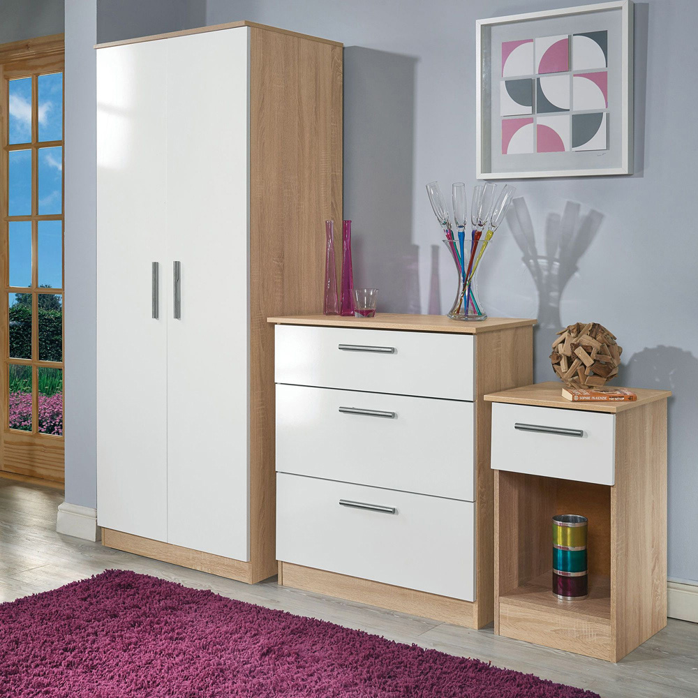 Crowndale Contrast 3 Drawer White Gloss and Bardolino Oak Deep Chest of Drawers Image 7