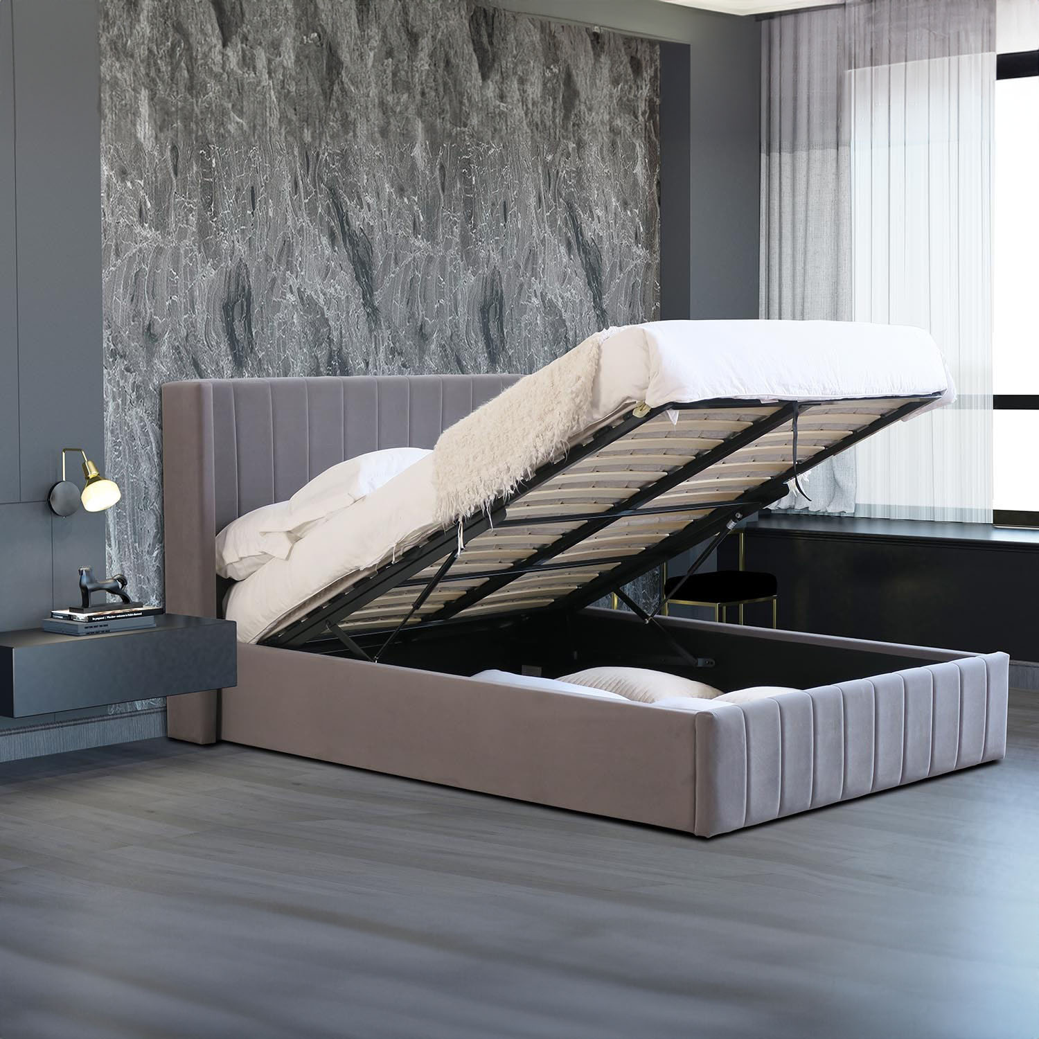 Maya Double Grey Velvet Ottoman Storage Bed Frame Image 2