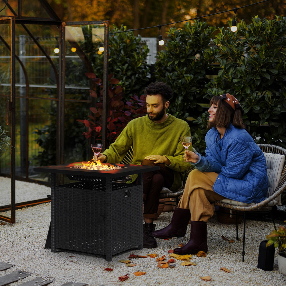 Outsunny Black 50000 BTU PE Rattan Fire Pit Table with Glass Wind Guard Image 2