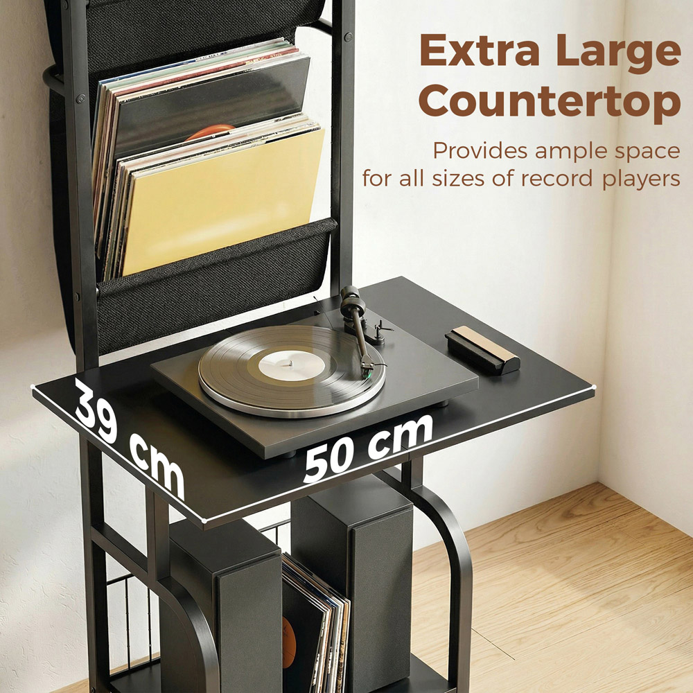 HOMCOM Black Vinyl Record Player Stand with Oxford Pockets Image 6