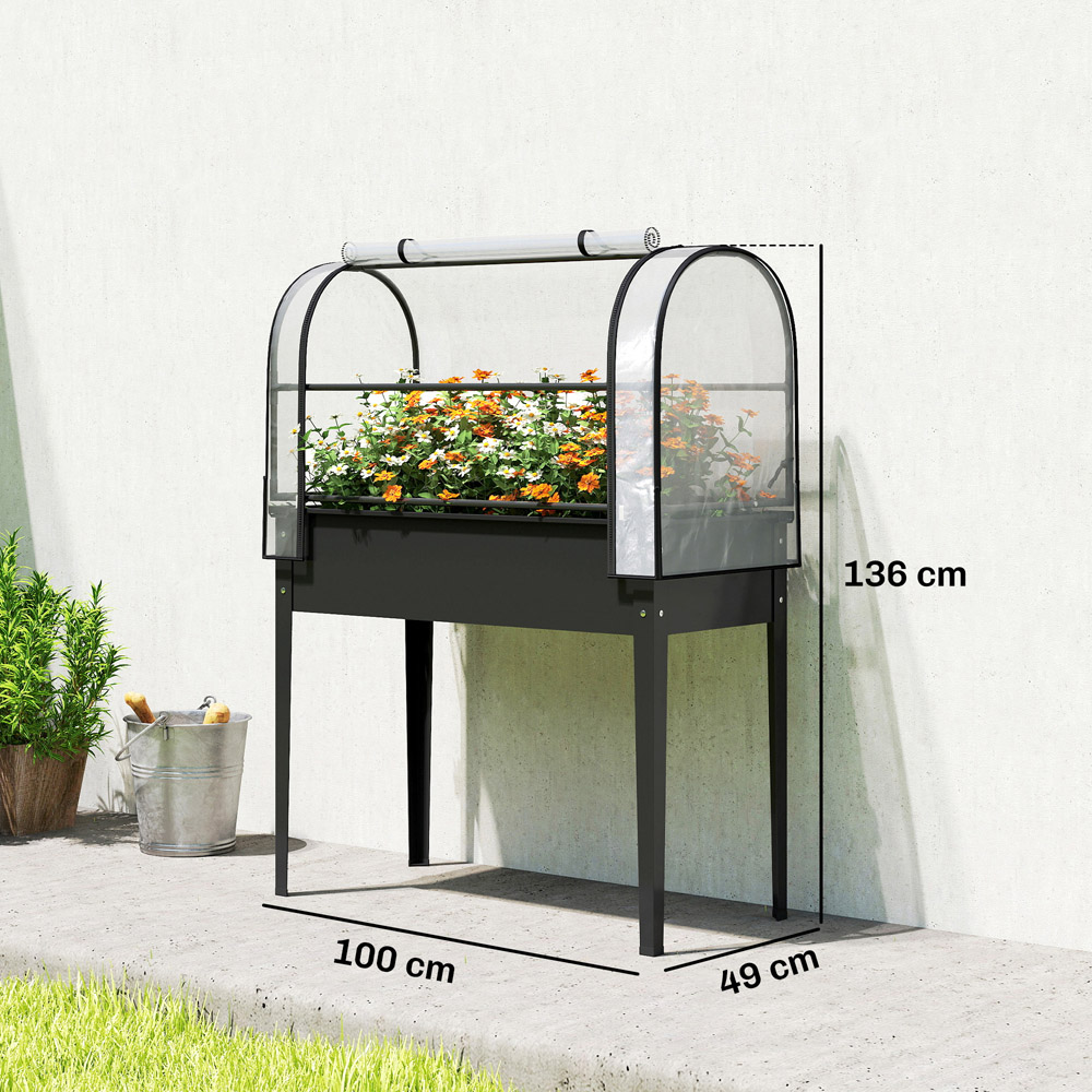 Outsunny Black Metal Raised Planter with Flip-Up Greenhouse 136 x 100 x 49cm Image 9