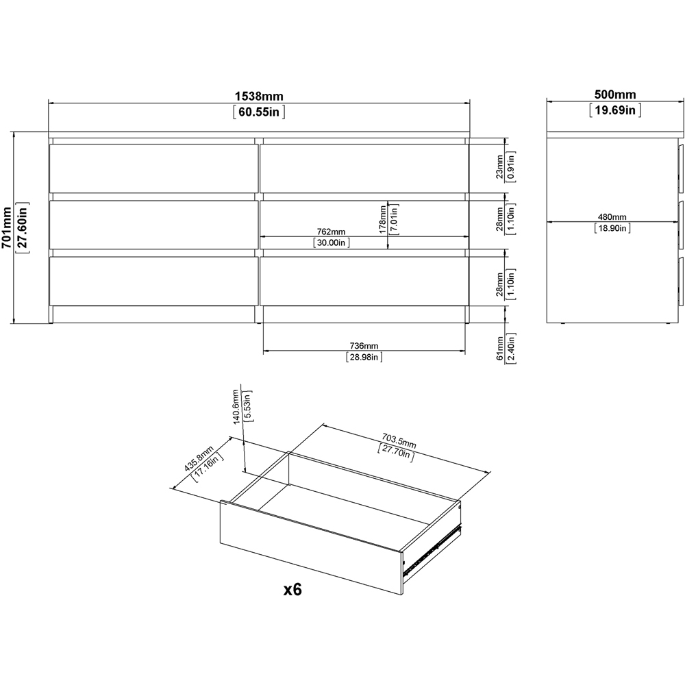 Florence 6 Drawer Concrete and White High Gloss Wide Chest of Drawers Image 9