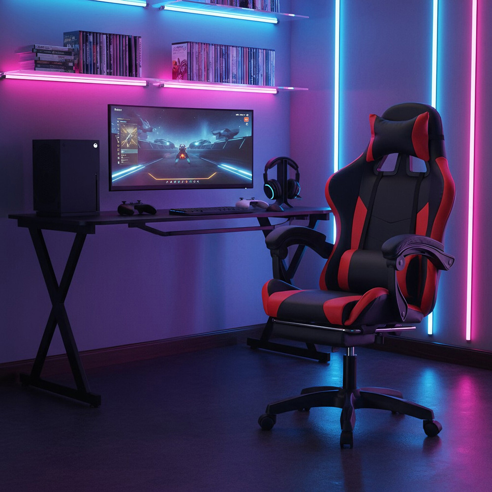 Home Source Neuro Red Ergonomic Gaming Chair with Adjustable Footrest and Headrest Image 7