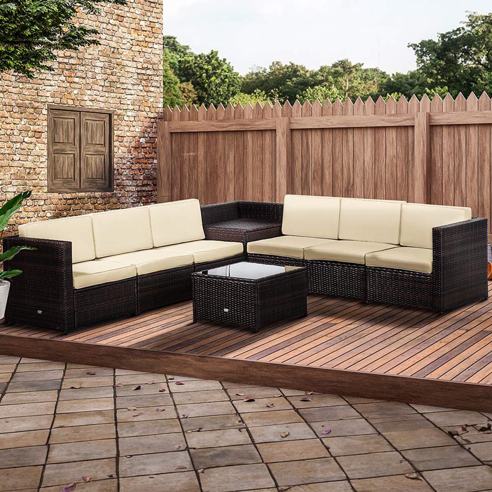 Outsunny 6 Seater Brown PE Rattan Sofa Lounge Set Image 1