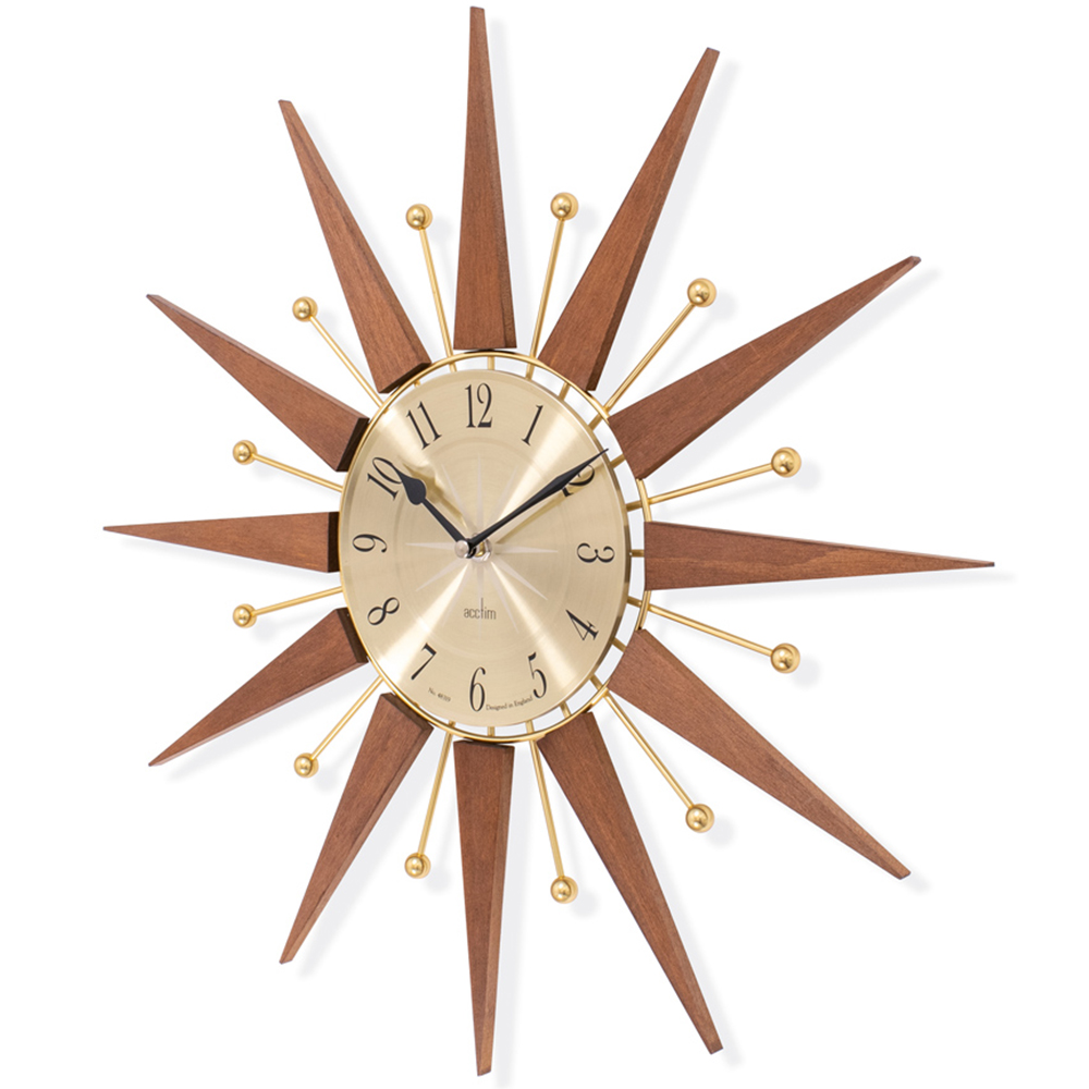 Acctim Wolcott Walnut and Brass Wood and Metal Spoke Sunburst Wall Clock 49cm Image 3