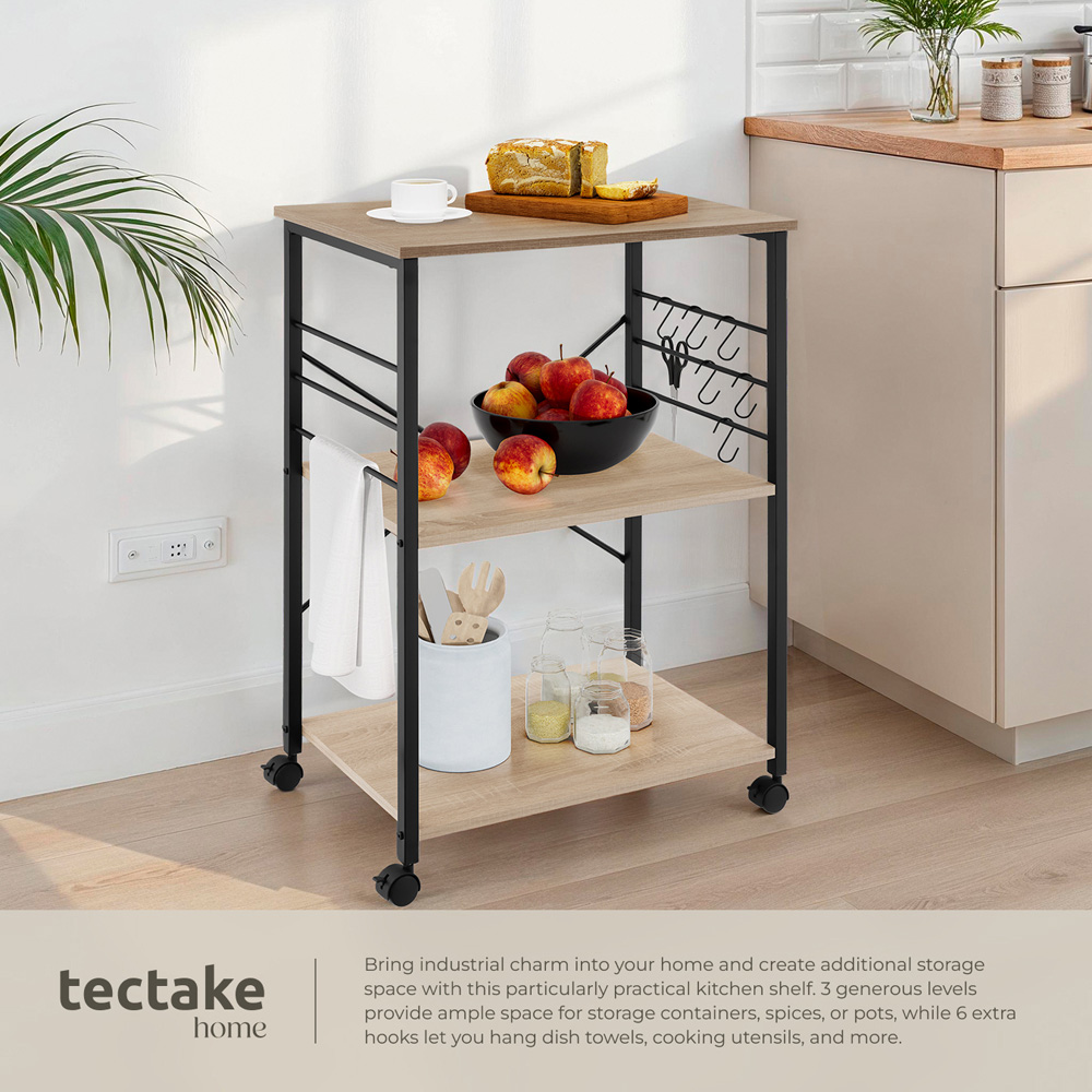 Tectake Rugby 3 Shelf Oak Sonoma Drinks Trolley with Hooks Image 4