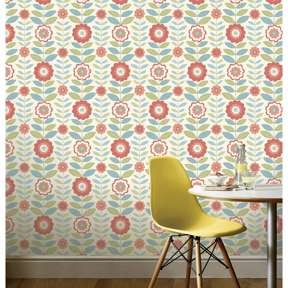Arthouse Flower Power Coral And Teal Wallpaper Image 2