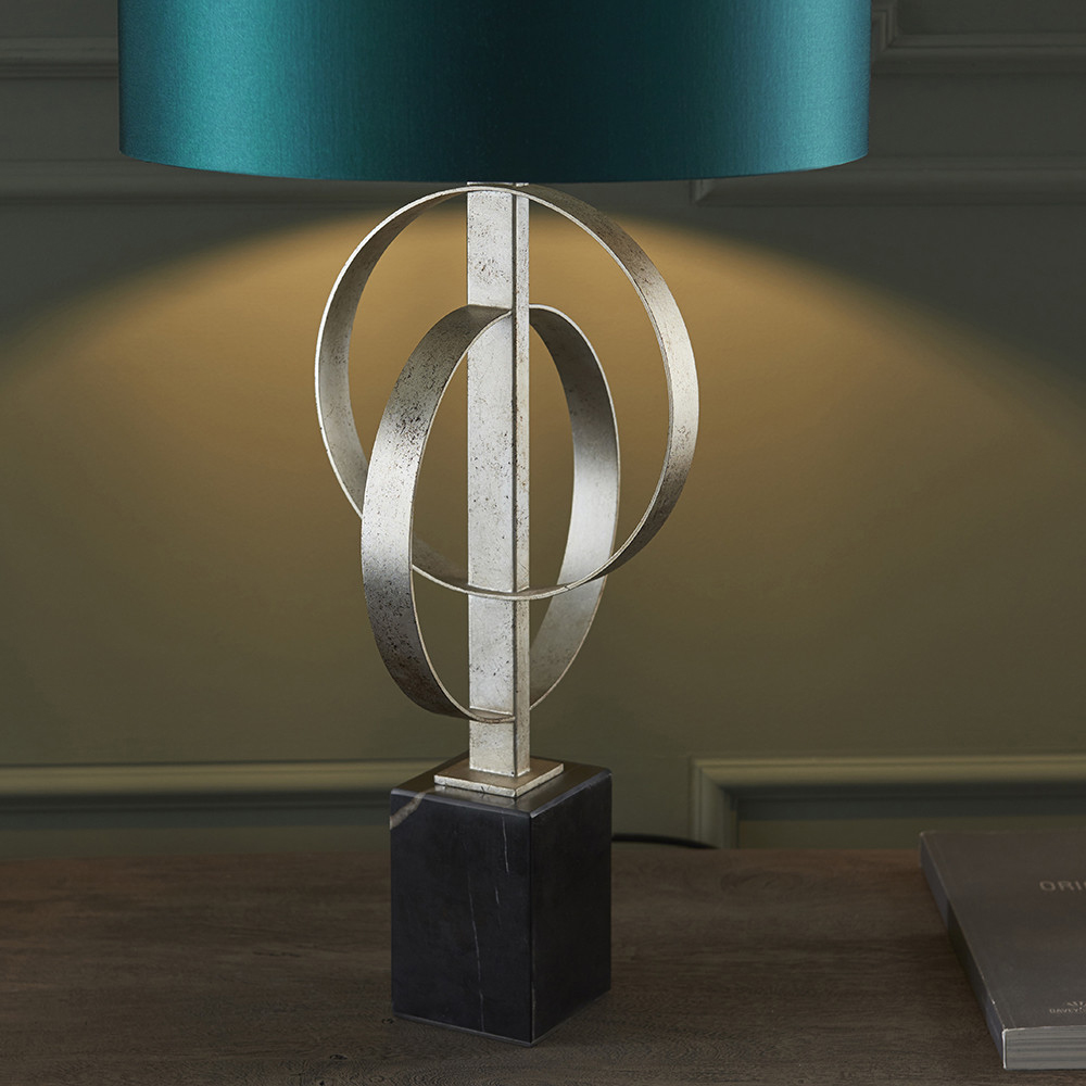 Merano Trento Antique Silver and Teal Satin Fabric Table Lamp Image 3