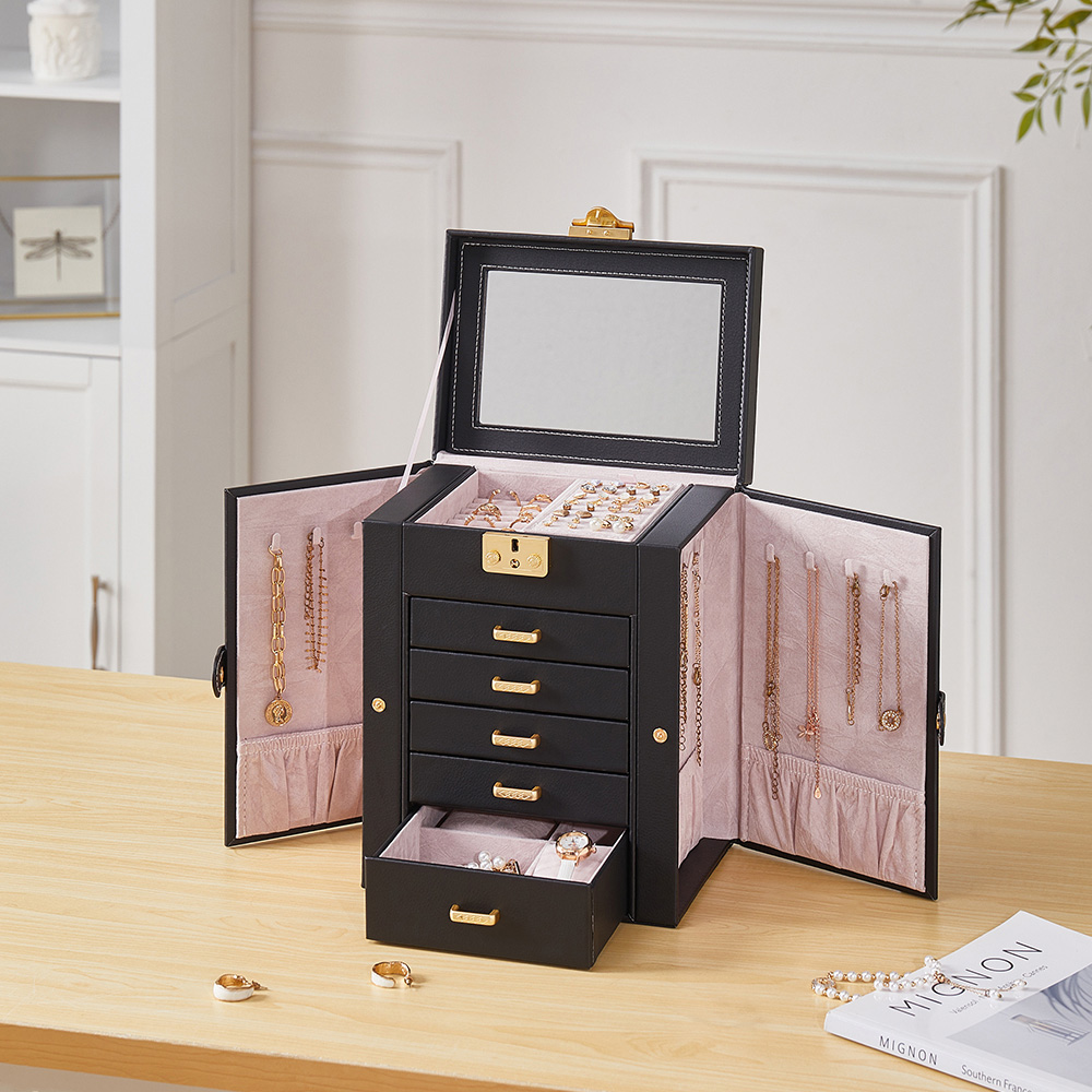 Living and Home 5 Drawer Black Faux Leather Jewellery Box with Mirror Image 2