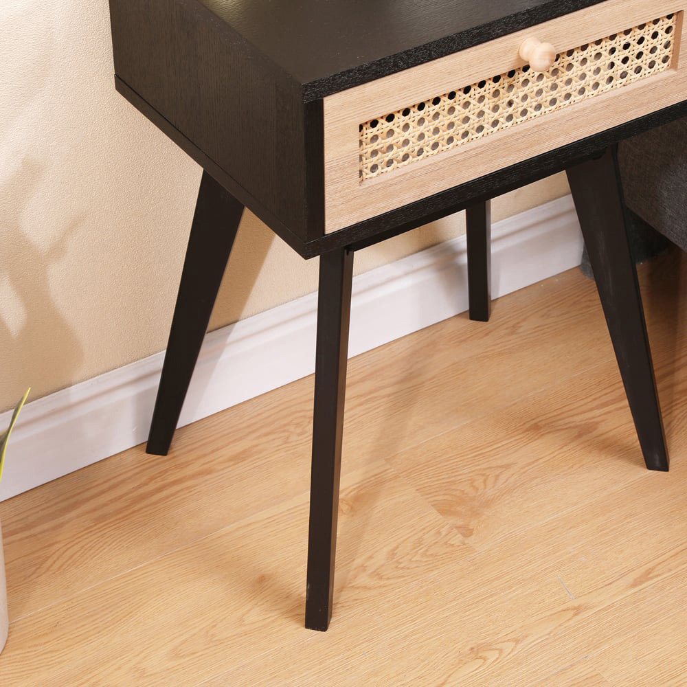 FurnitureHMD Single Drawer Black and Natural Rattan Weaving Side Table with Pine Wood Legs Image 4