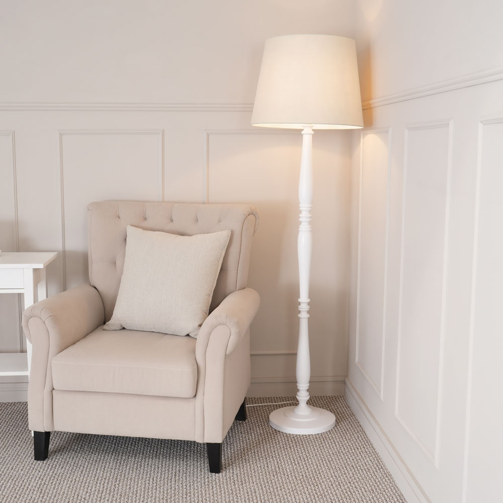 ValueLights Victoria Beige Fabric Tapered Shade White Wood Traditional Stem LED Floor Lamp Image 2