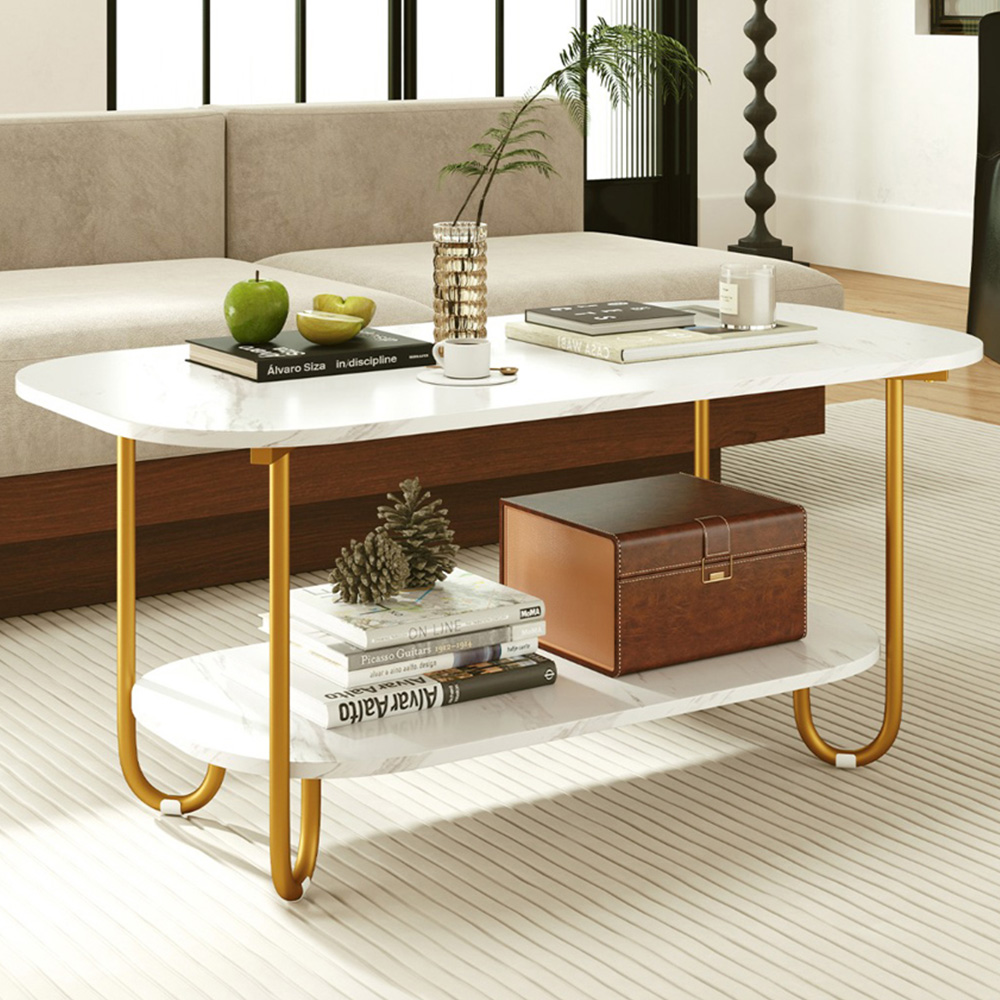 Costway Single Shelf White Faux Marble Coffee Table Image 1