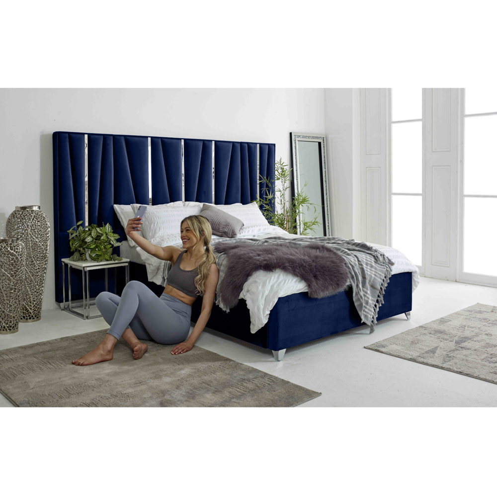 Eleganza Mila Double Blue Plush Velvet Bed Frame with Lined Headboard Image 8