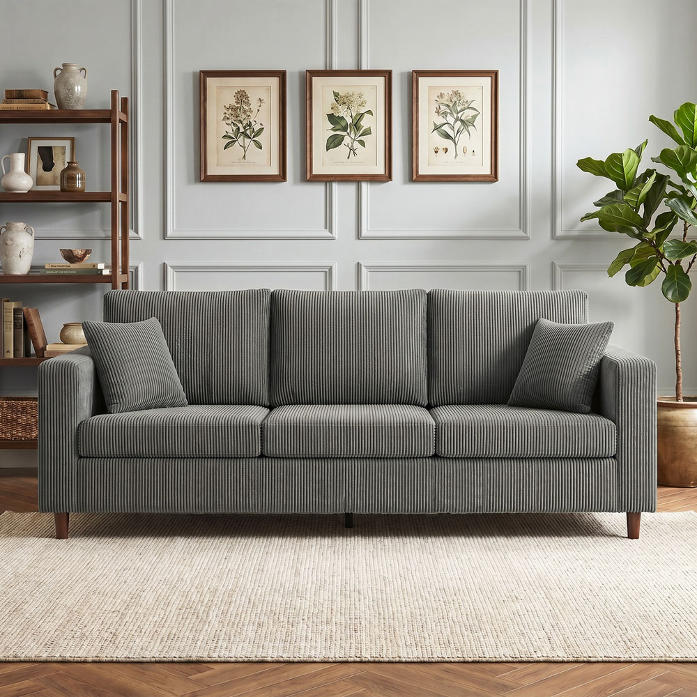 HOMCOM 3 Seater Light Grey Corduroy Upholstered Wide Seat Sofa Image 2