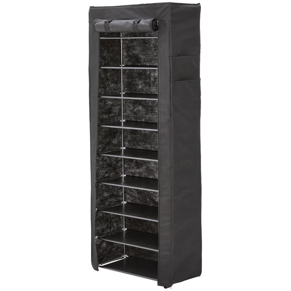 H&O Direct 9 Shelf Black Shoe Cabinet with Roll Up Door and Side Pocket Image 1