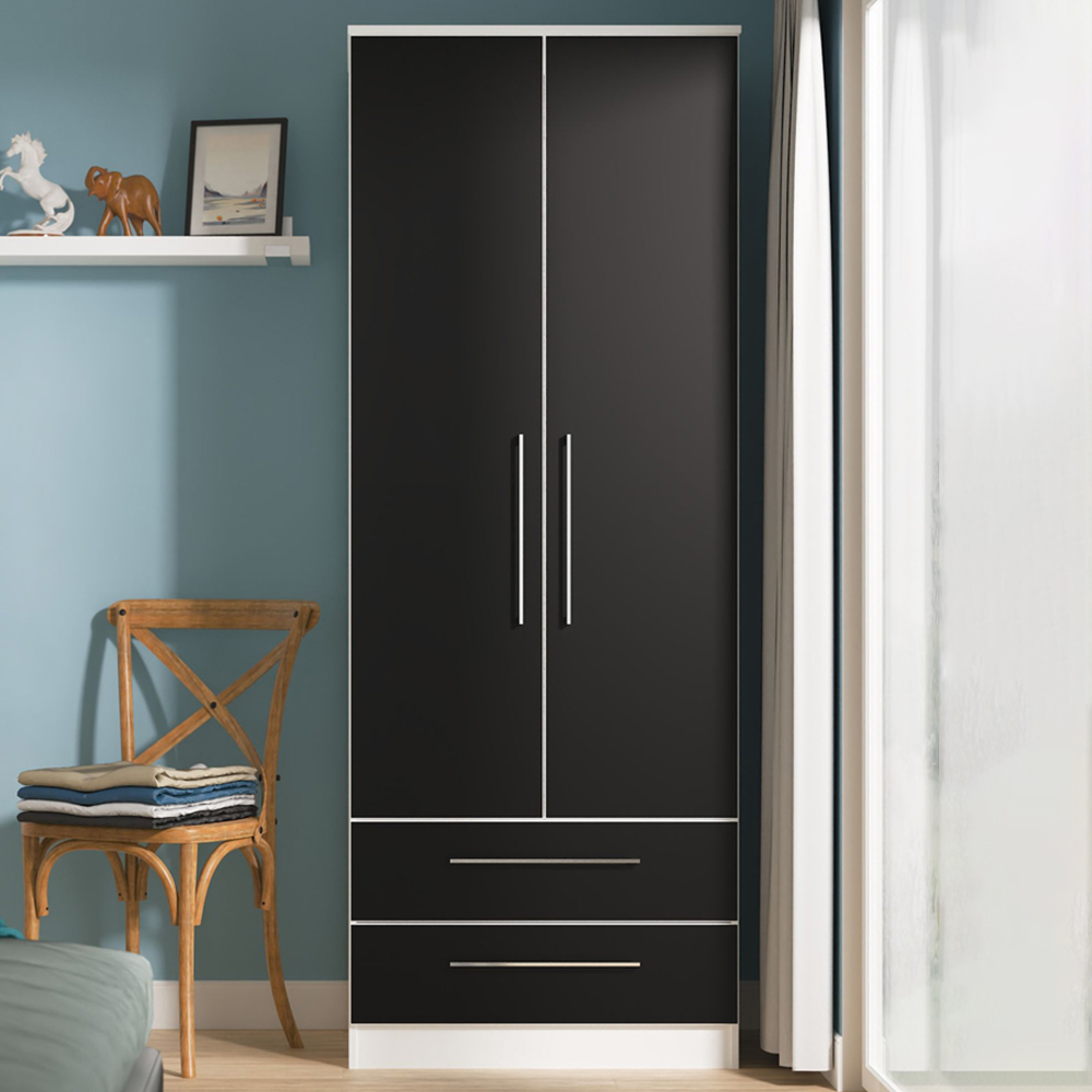 Crowndale Worcester 2 Door 2 Drawer Matt Black and White Tall Wardrobe Ready Assembled Image 1