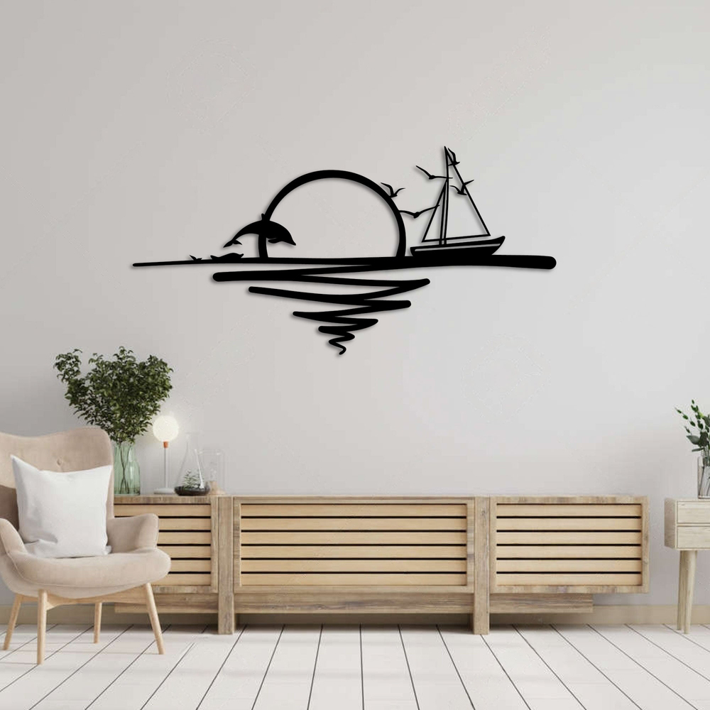 Decortie Sunrise and Sailing Boat Textured Black Metal Wall Art Image 2