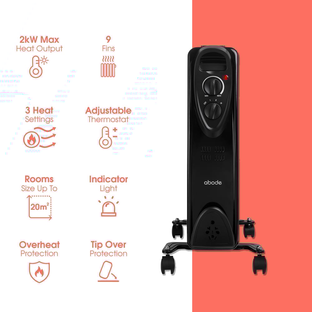 Abode AOFR9003B Black 9 Fin Oil Filled Radiator in Black 2000W Image 7
