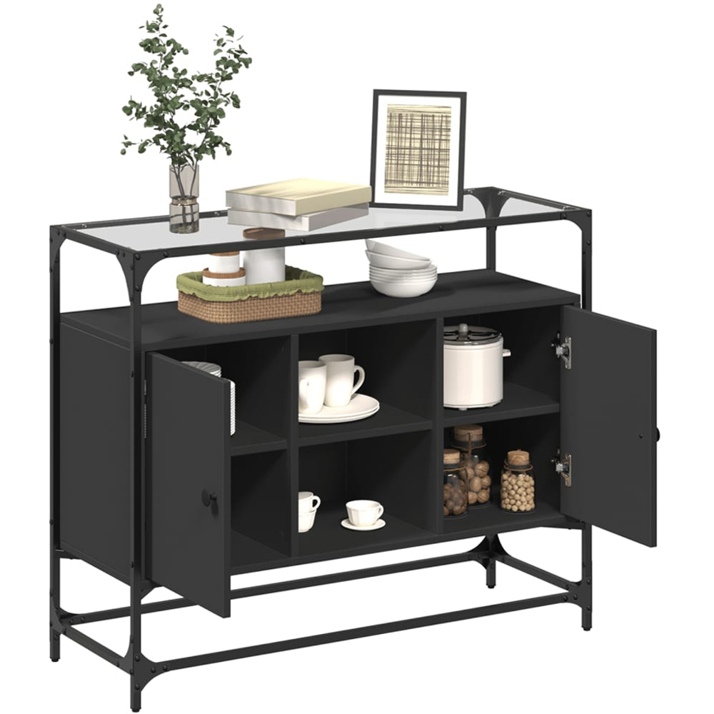 vidaXL 2 Door 3 Shelf Black Glass Top Oak Sideboard Image 3
