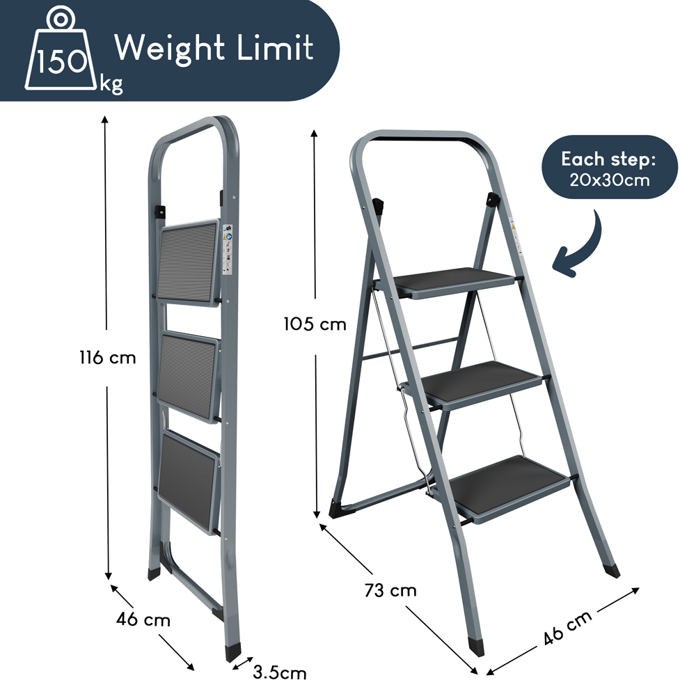 HOME VIDA 3 Step Grey Ladder with Anti Slip Mat Image 7