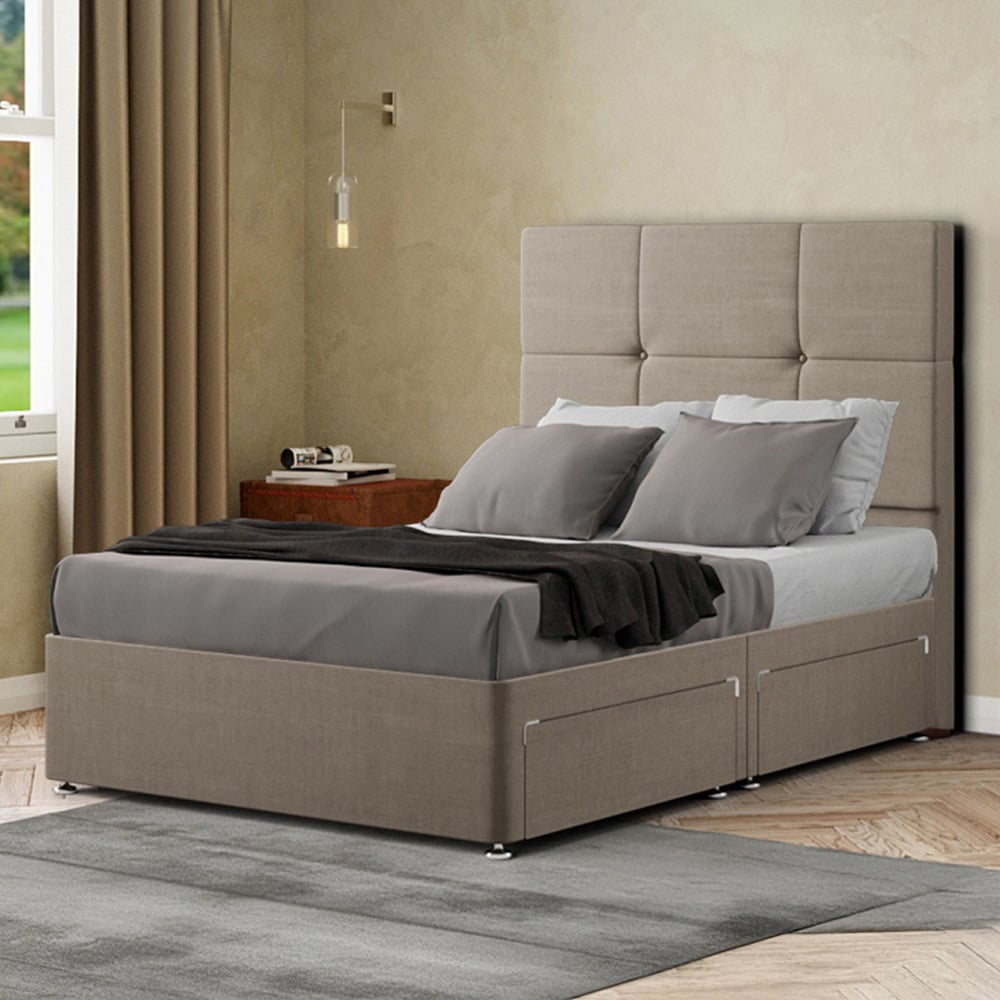 Portland Jacob Single Beige Linen Divan Bed Frame with 2 Drawers and Headboard Image 1