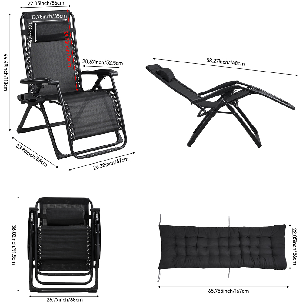 Living and Home Black Padded Zero Gravity Folding Outdoor Recliner Chair with Side Tray Image 9