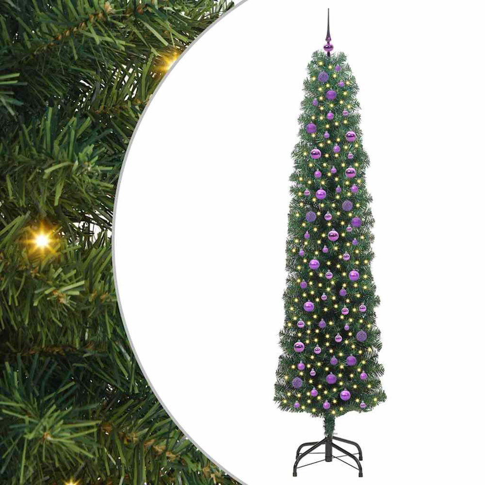 vidaXL Green Artificial Christmas Tree with LEDs Lilac Decoration Ornaments 8ft Image 2