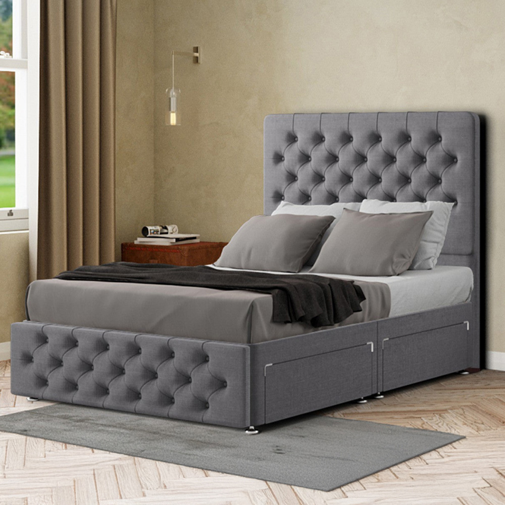 Portland Mary Chesterfield Single Grey Linen Divan Bed with 2 Drawer and Headboard Image 1