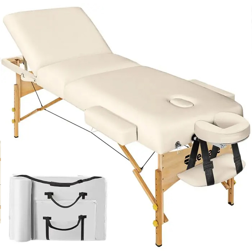 tectake Beige 3 Zone Portable Adjustable Massage Table with Headrest Armrests and Carry Bag Image 1