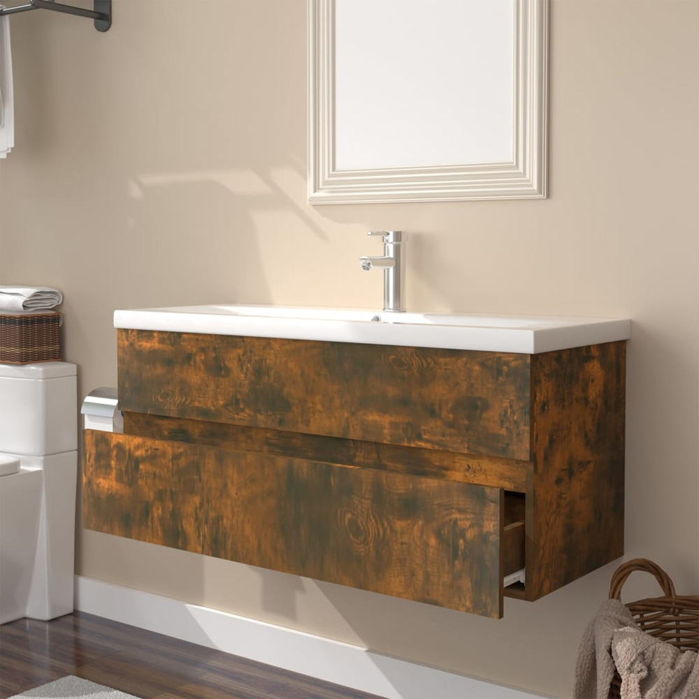 vidaXL 2 Drawer Smoked Oak and White Sink Cabinet with Basin Image 5