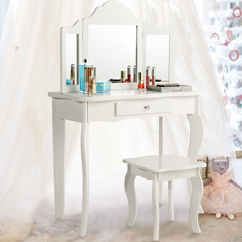 Costway Kids Single Drawer White Vanity Dressing Table Set with Mirror Image 6