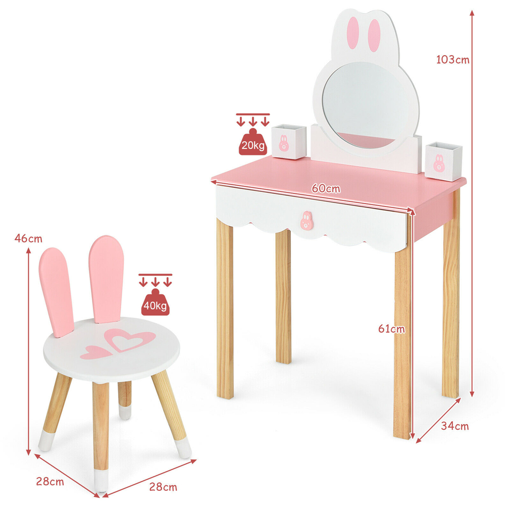 Costway Single Drawer Kids Pink Vanity Table and Chair Set with Mirror Image 9