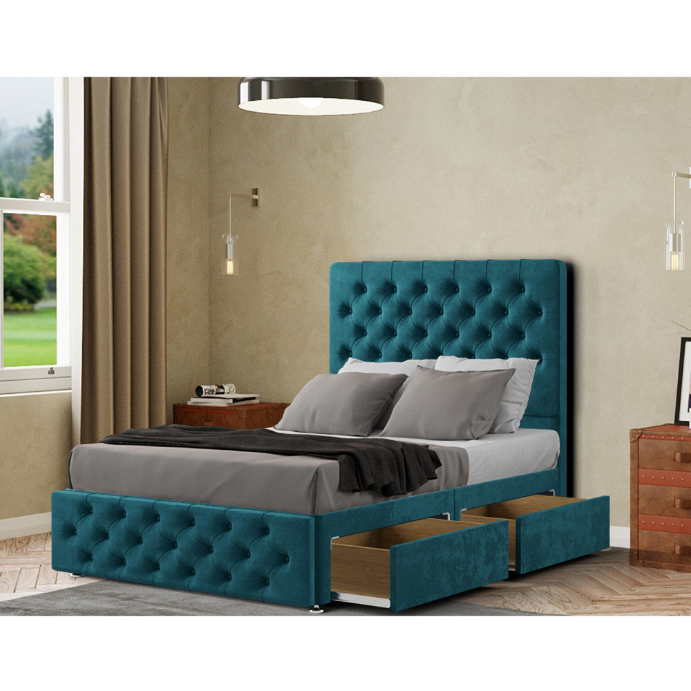 Portland Mary Chesterfield Double Emerald Plush Divan Bed with 2 Drawer and Headboard Image 2