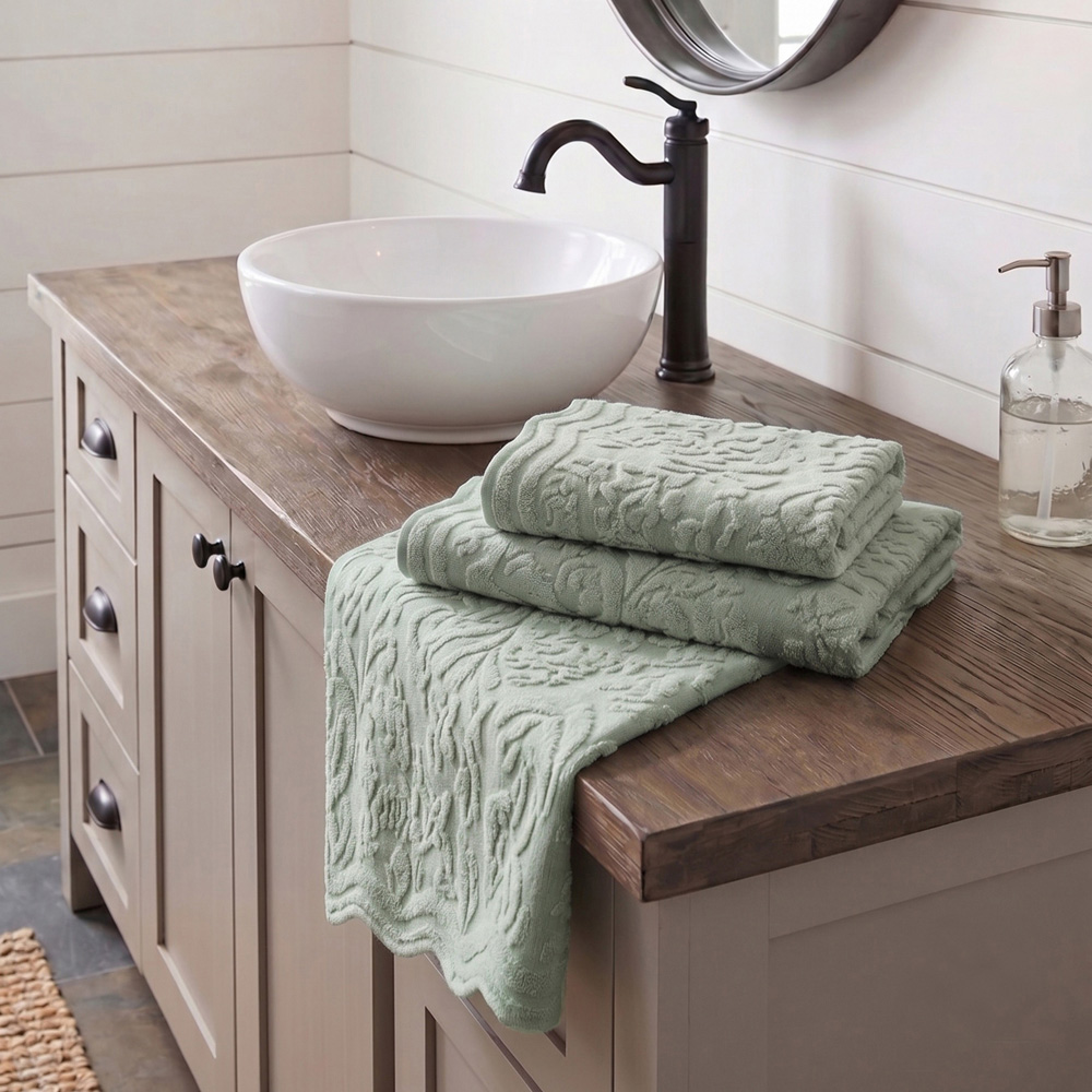 Allure Bath Fashions Gracie Sage Green Floral Jacquard Scalloped Bath Sheet 100 x 150cm Image 2