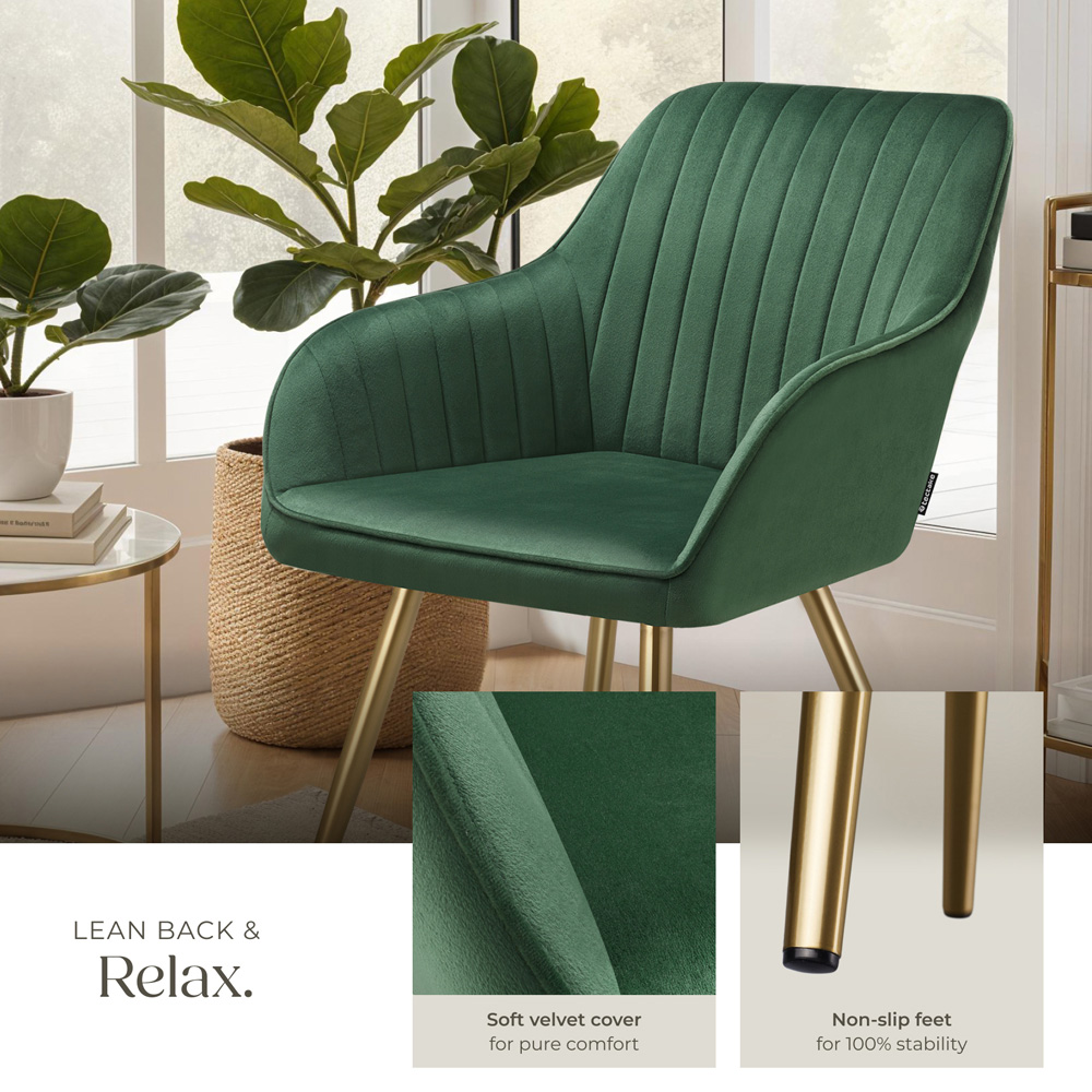 tectake Marilyn Set of 4 Dark Green and Gold Quilted Velvet Dining Chair Image 8
