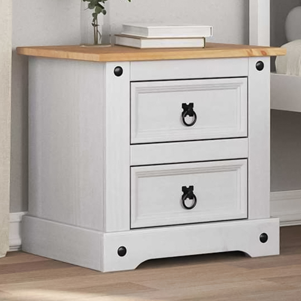 vidaXL Corona 2 Drawer White Solid Pine Wood Wide Bedside Table Image 1