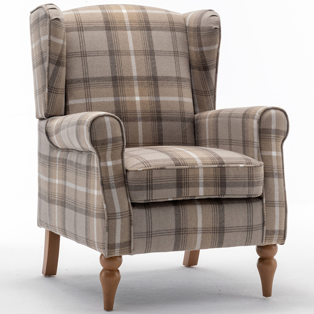 Furniture One Yellow Check Fabric Wing Back Fireside Armchair Image 2