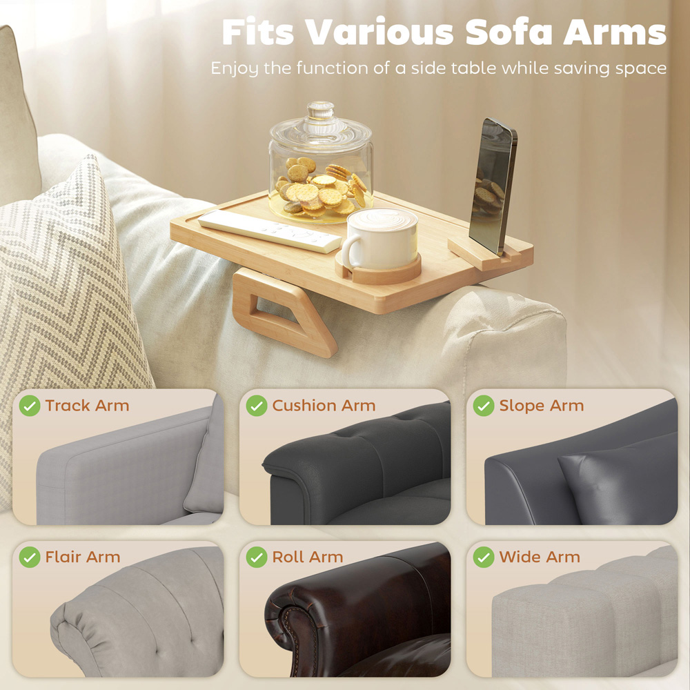 HOMCOM Natural Anti-Slip Sofa Armrest Tray with Phone and Cup Holder Image 5