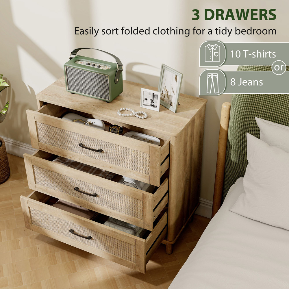 Portland 3 Drawer Oak Rattan Wide Chest of Drawers Image 6