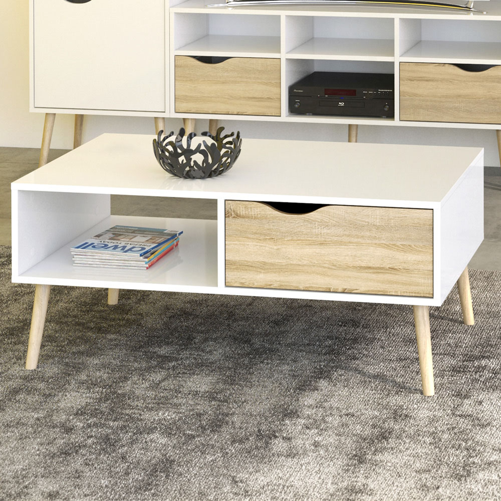 Florence Single Drawer Single Shelf White and Oak Coffee Table Image 1